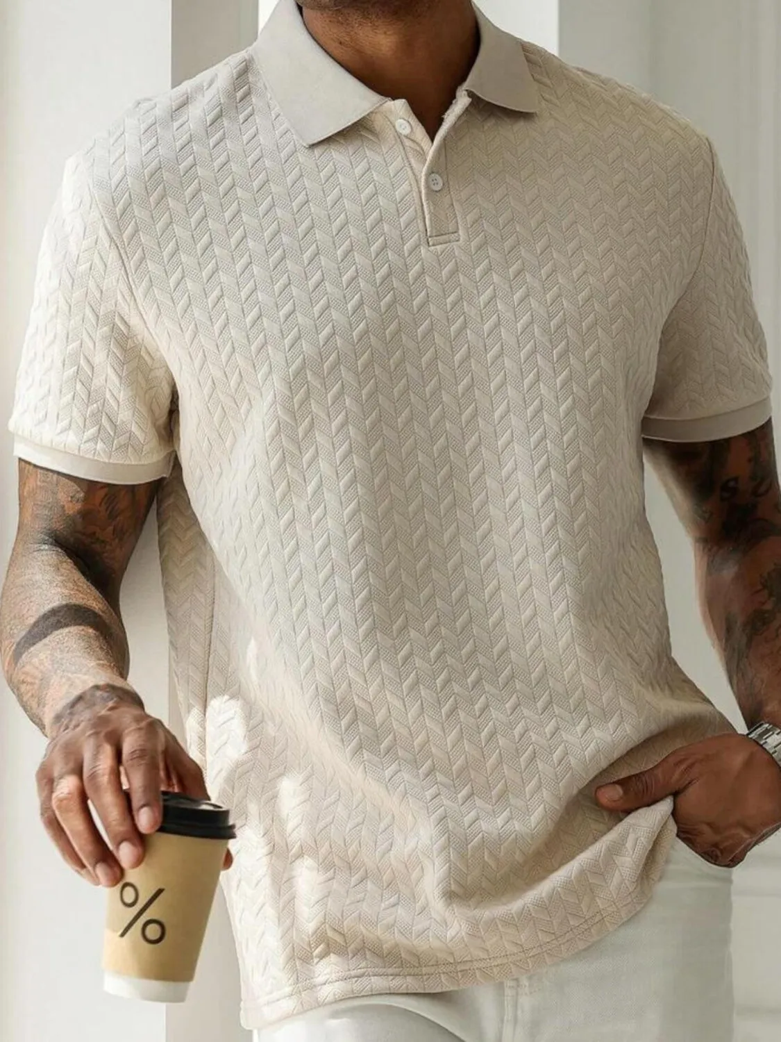 

Summer Autumn Mens High Quality Jacquard Polo Shirt Short Sleeve Heavyweight Casual T-shirt Turn-down Collar Fashion Button Up