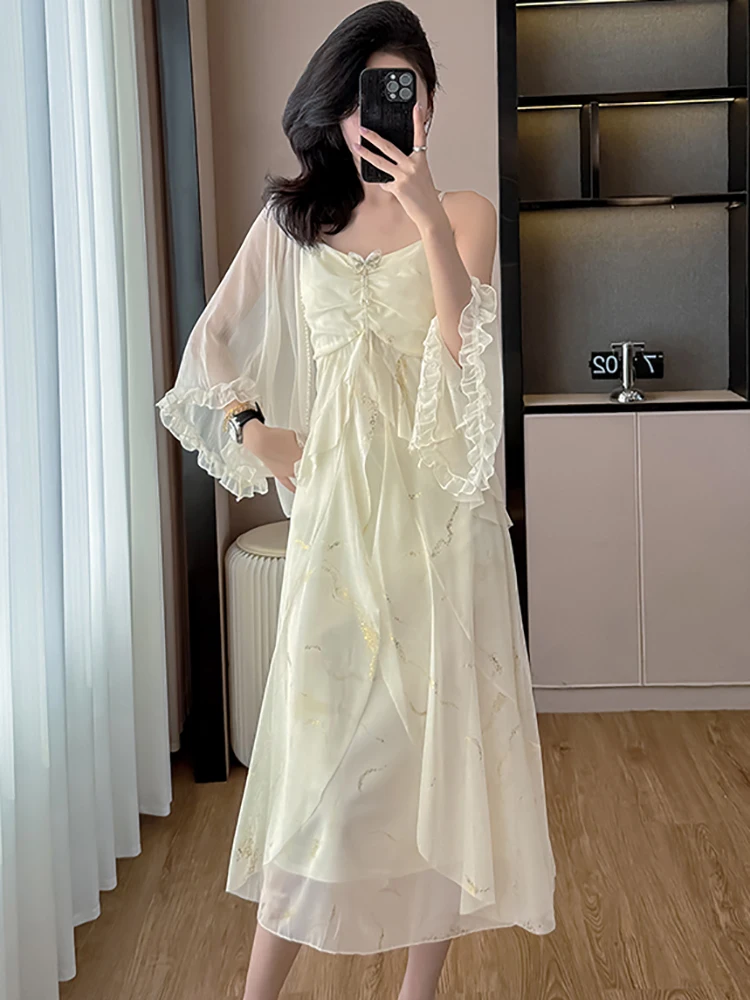 2025 Estate bianco stampa increspato chic fiocco fionda vestito + nappa top camicie due pezzi set donna moda coreana elegante abito casual