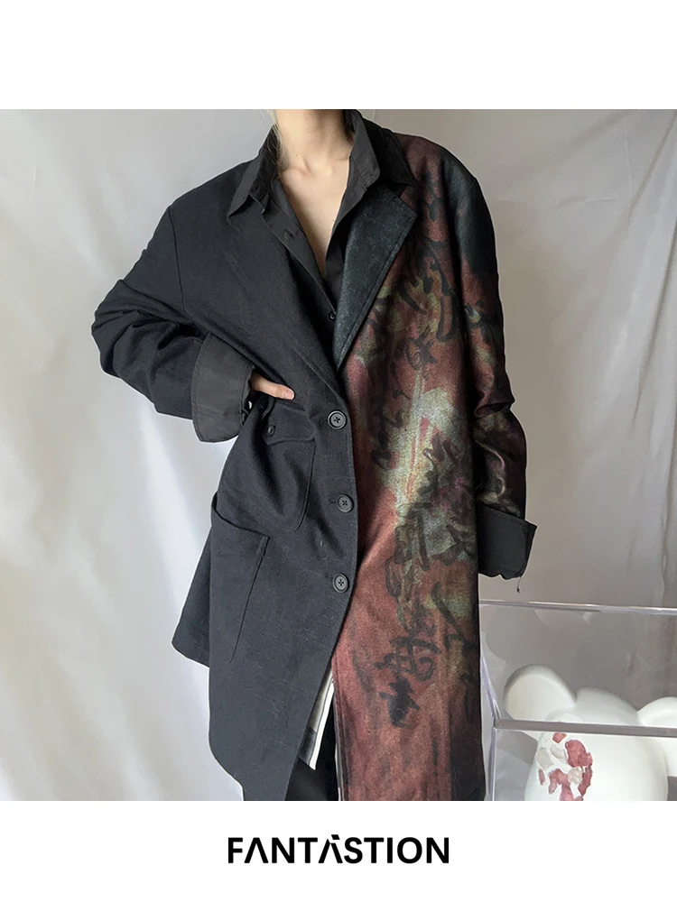 

FANTASTION Original design Denim overcoats Prints with dark-themed Suit jacket coat Multi-pocket side buttons suit jackets tops