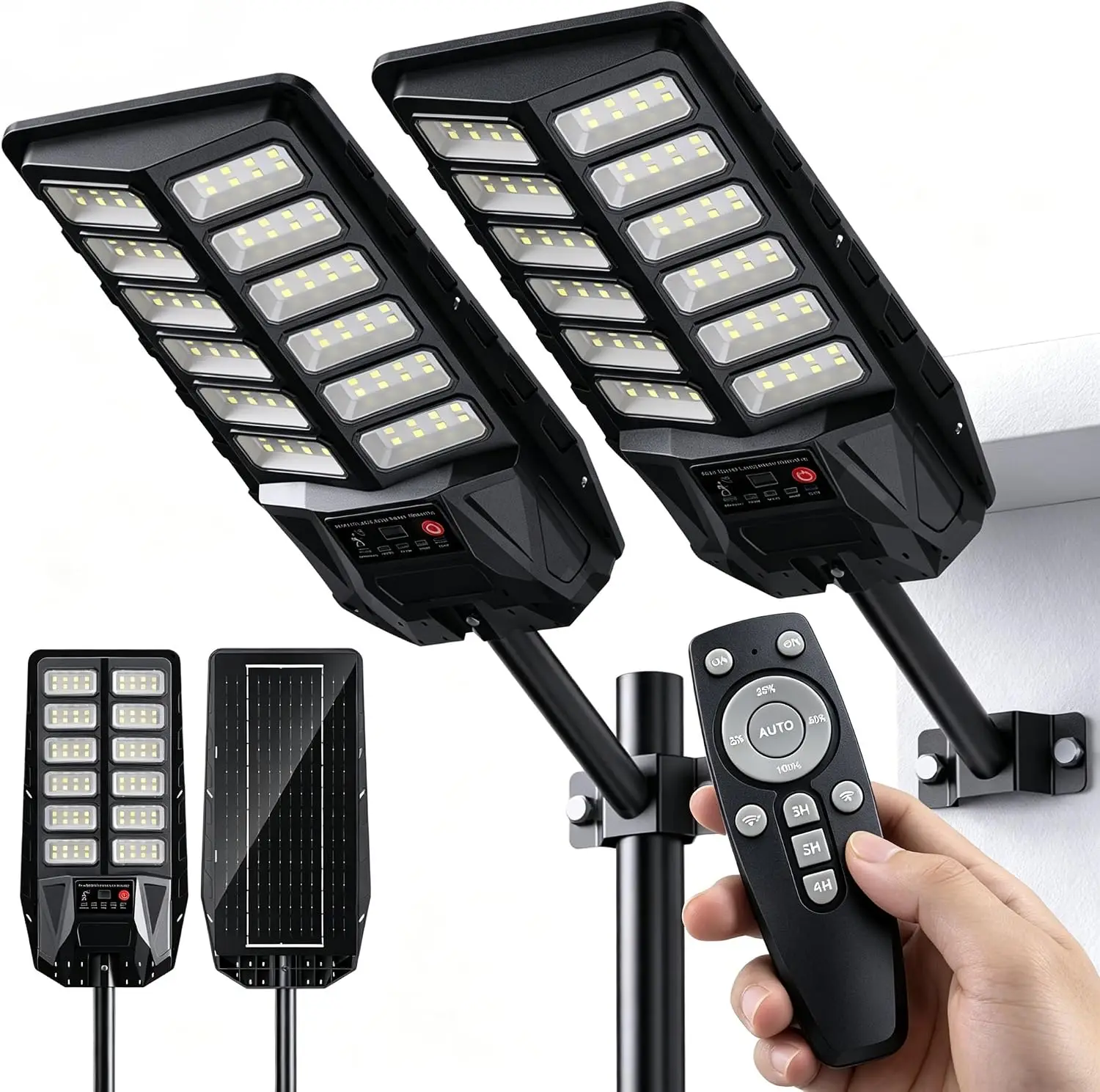 2/1 pezzi Luci Solari da Esterno IP65 Impermeabili, Lampade Stradali da Esterno, 6500K, Luci Solari di Sicurezza con Sensore di Movimento e Telecomando, da Sera all'Alba, per Parcheggi, Ingressi e