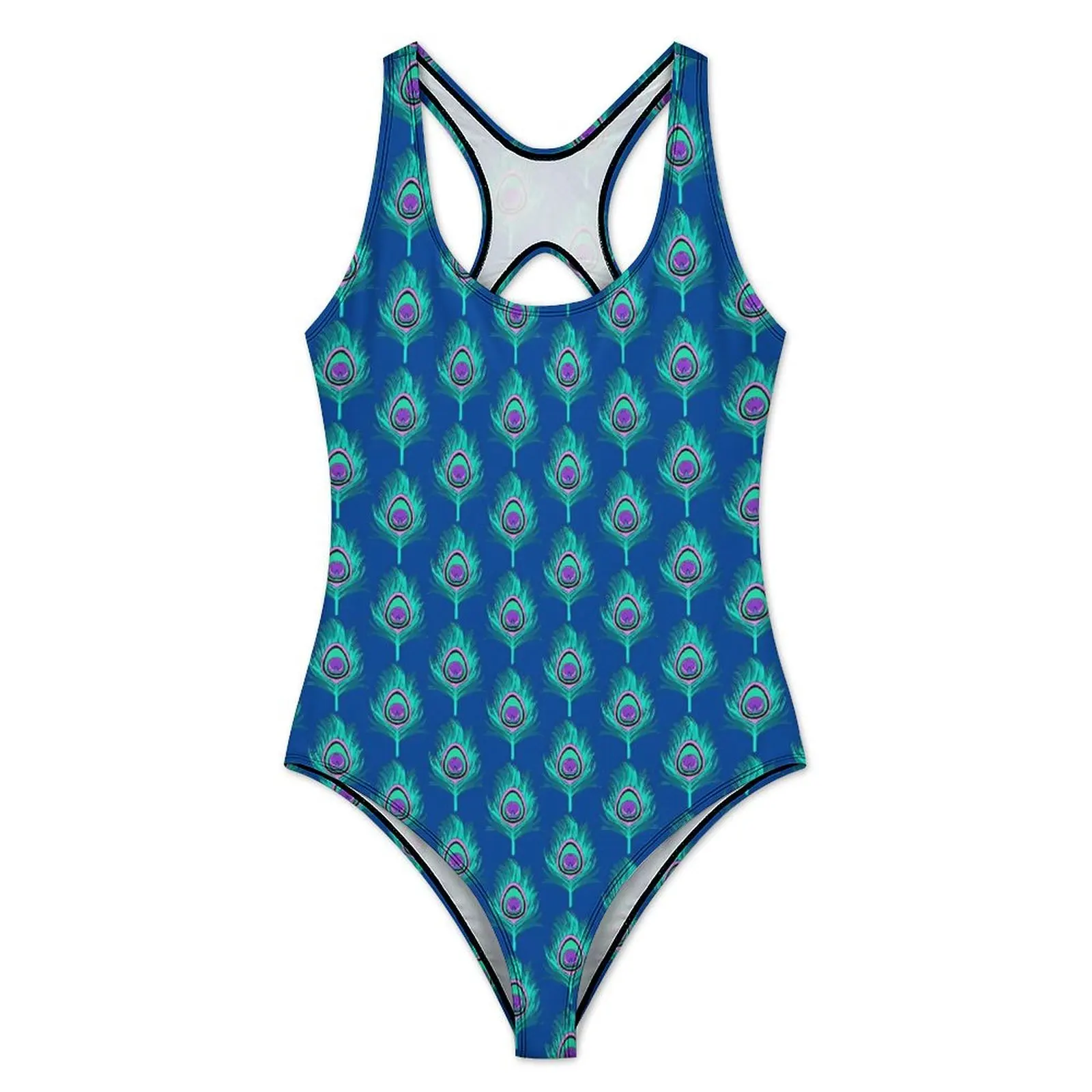Blue Peacock Feathers Swimsuit Animal Swimwear One Piece Holiday Swim Bodysuit Cut Out Bathing Suit Push Up Sexy Beach Wear