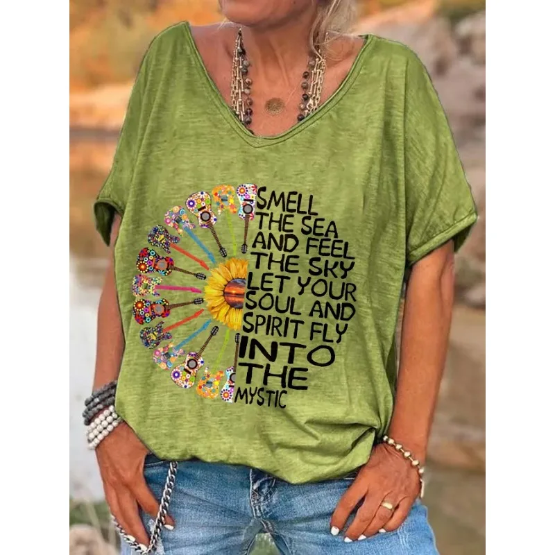 Hippie Classic T-Shirts Damen-T-Shirt mit V-Ausschnitt, kurzärmelige Oberteile, lässige, locker sitzende T-Shirts mit Aufdruck