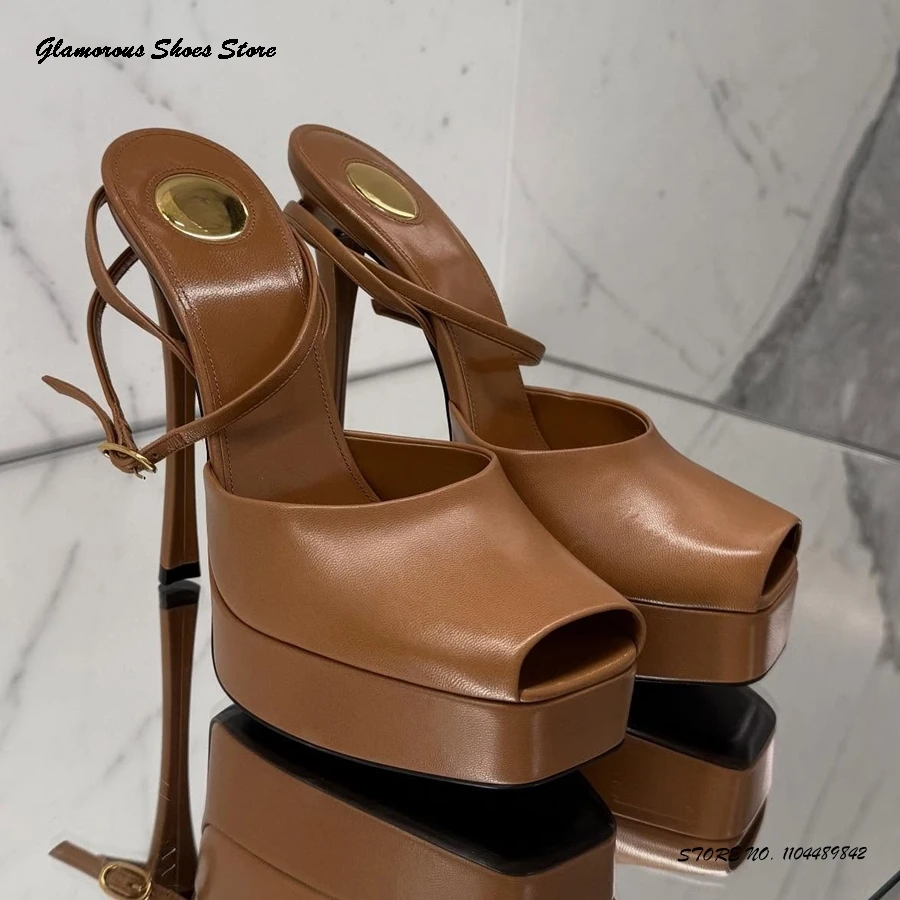

Peep Toe Leather Platform Sandals Elegant Women's Thin High Heel Party Dress Shoes Summer Fashion Buckle Strap Evening Stilettos