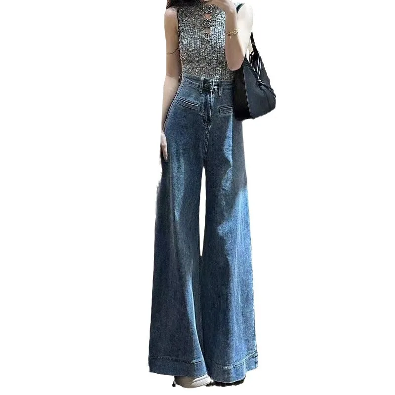 Vintage Blue High Waist Loose Fit Slimming Floor Length Jeans for Women Winter New American High Street Drapey Wide Leg Pants