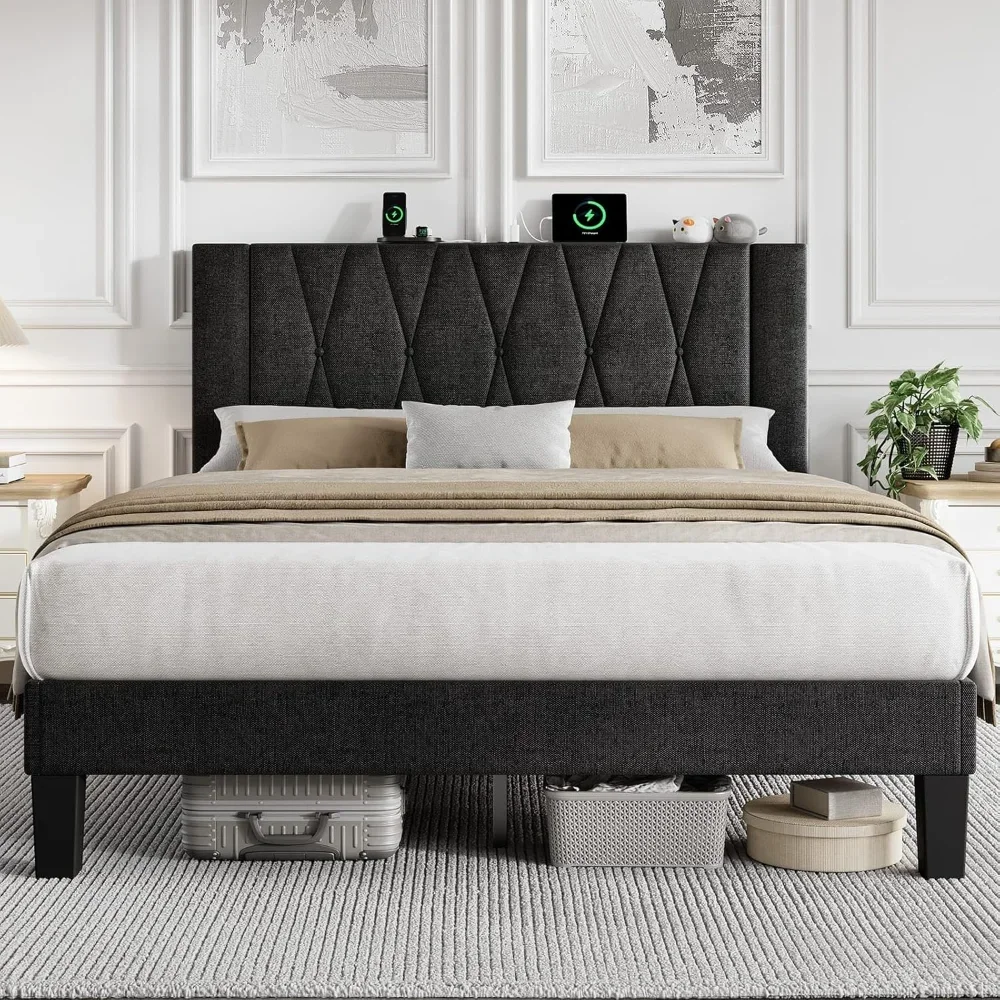 

Full Bed Frame With Headboard, Heavy-Duty Linen Upholstered Platform Bed Frame W/Charging And Storage, Button Tufted,