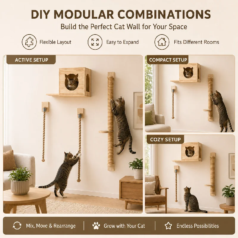 Wall Mounted Cat Scratcher Thick Jute Rope Climbing Tower Hanging Ladder Interactive Scratching Post Toys for Indoor Cats Kitten