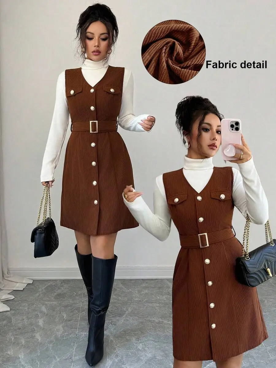 

Women's Elegant Vintage Corduroy V-Neck Metal Button Decor Sleeveless Textured Mini Dress