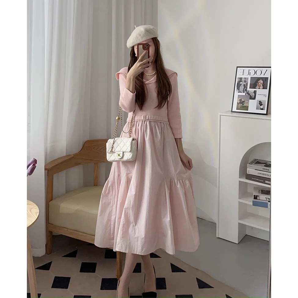 

Вязаное платье с воротником-стойкой и плиссированной юбкой, V-образный вырез, А-силуэт, весенняя мода, высокая талия, застежка-молния