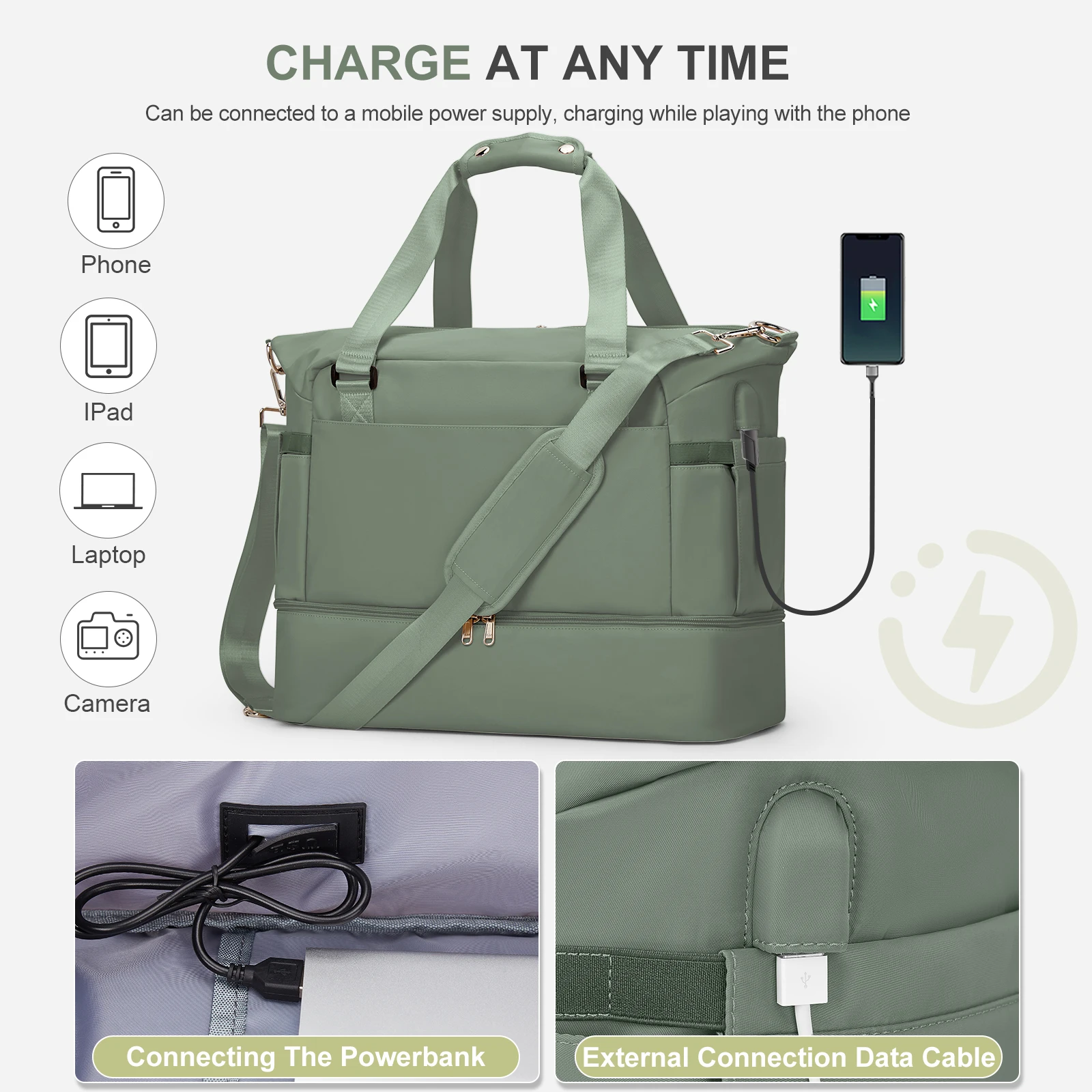 Travel bag, travel luggage, maternity bag, dry and wet separation storage bag, travel lightweight crossbody handbag，（green）.