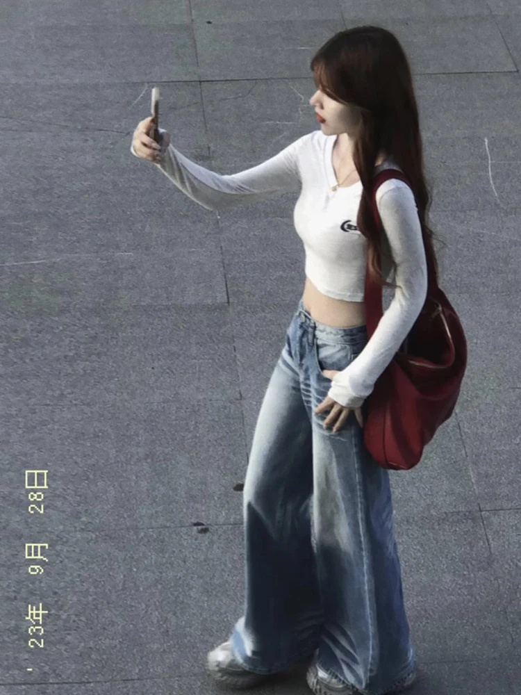 Light Blue Lightning Stripe Wide Leg Jeans Women's High Waist Floor Length Straight Lazy Pants Spring Autumn New Arrival