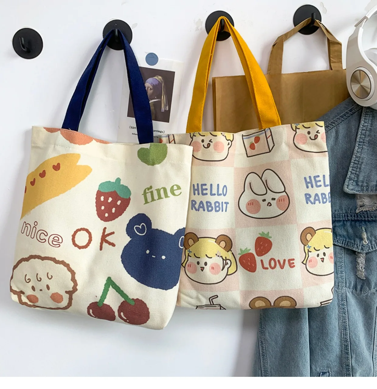 Cute Cartoon Print Canvas Bag for Women\'s Lightweight Shoulder Bag Versatile Shopping Bag Holder Fashion Tote Bag Girls Handbag