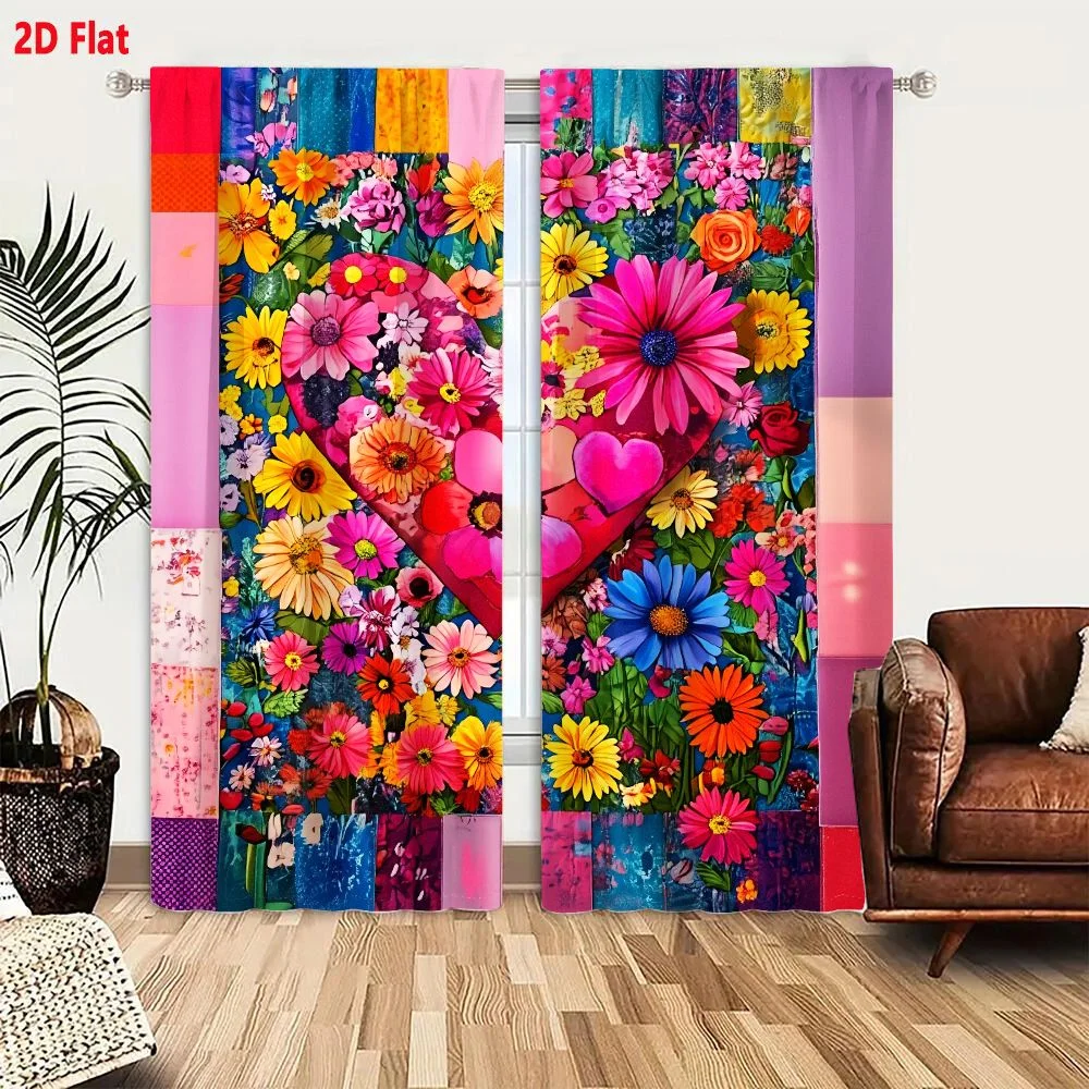 2Pcs Curtains Add 2D Flat Vibrant Colorful Heart Artwork With Large Stylized Heart Composed Of Smaller Hearts And Dense Lively B
