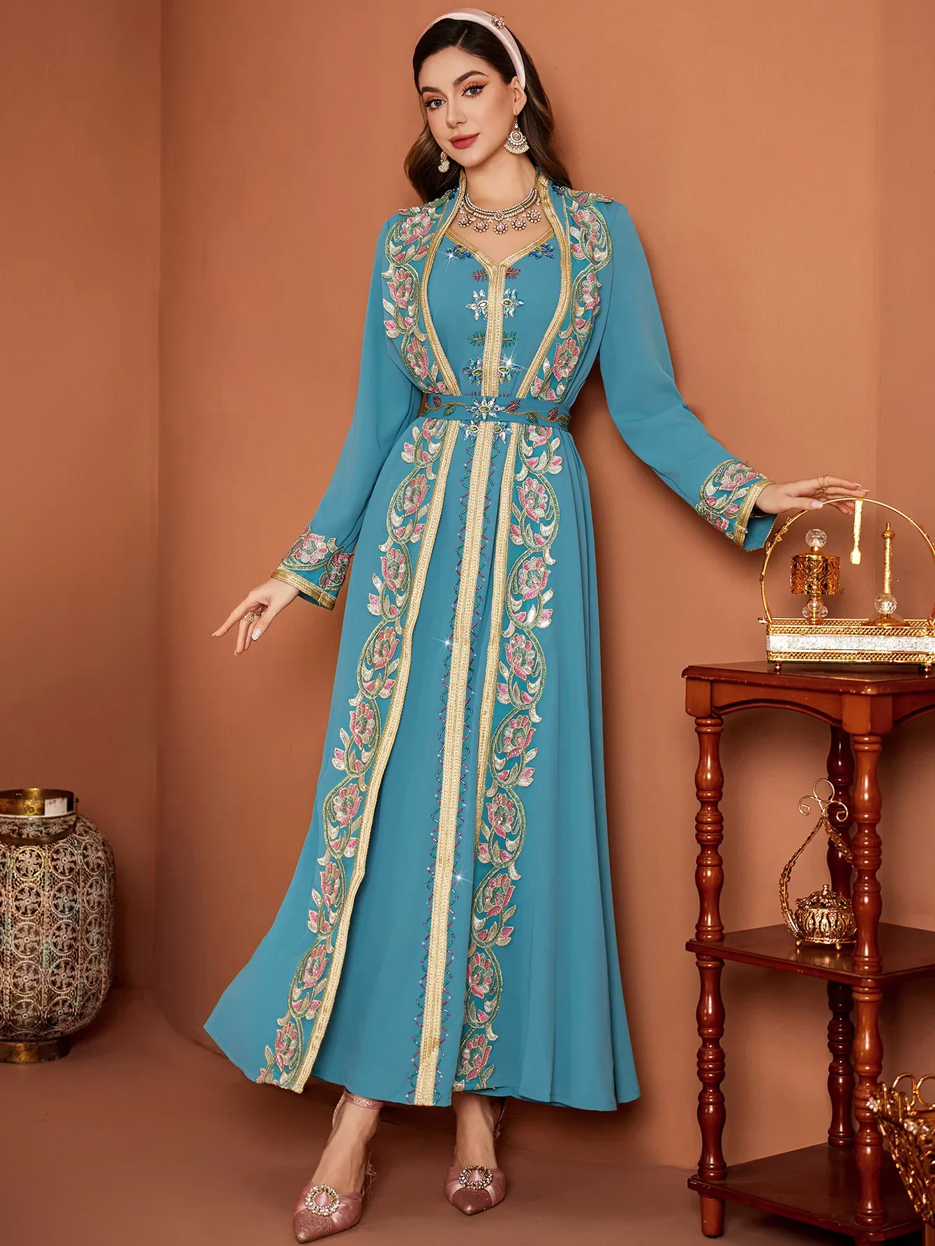 فستان العيد الإسلامي للنساء عباية دانتيل ماسي مزيف 2 قطعة فساتين طويلة فيستدوس لارغوس حفلة قفطان رمضان دبي رداء طويل 2026