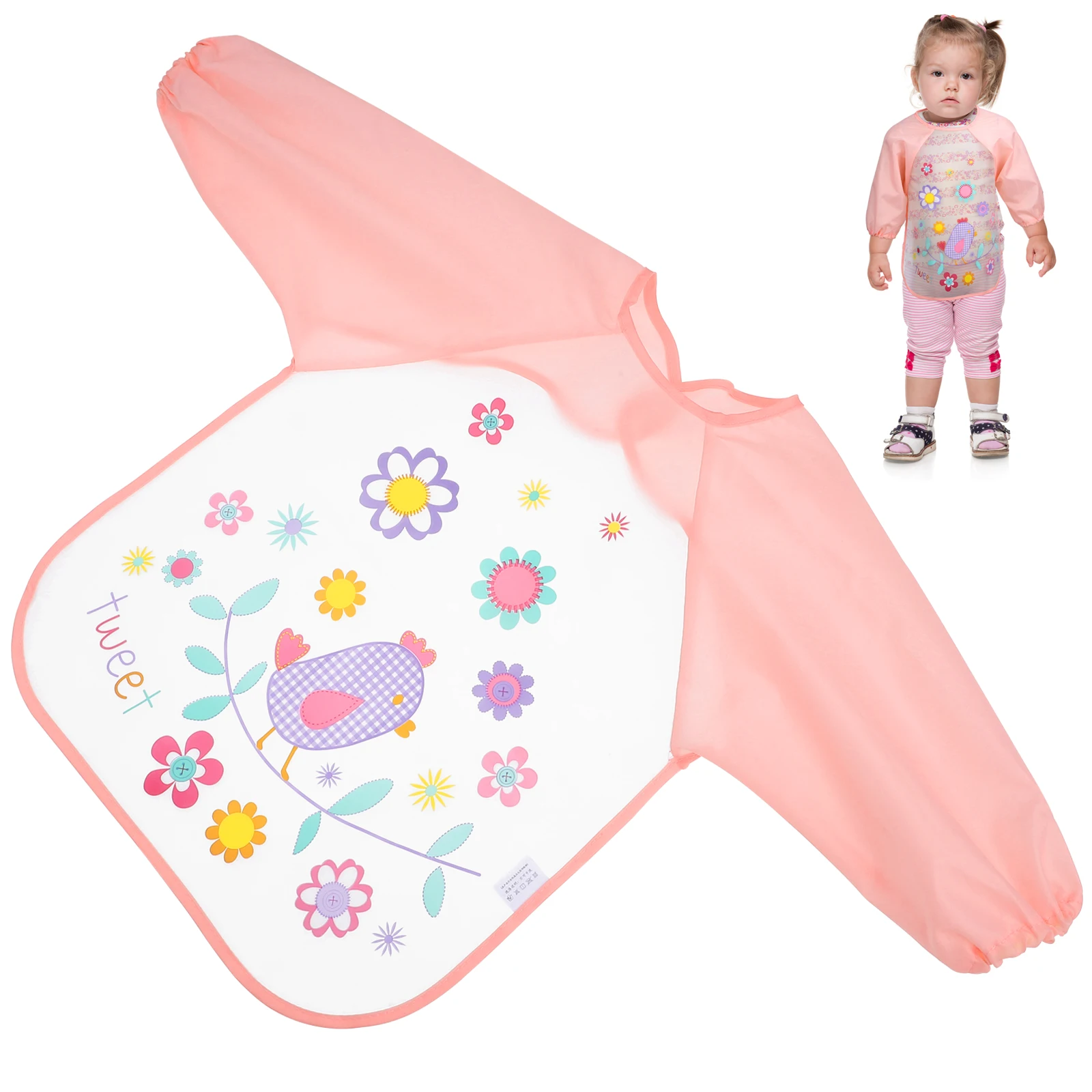 

Kids Waterproof Smock Long Sleeves Pink Children'S Smock Child Bird Pattern 1-3 Years Painting Hook Fastener Easy Use