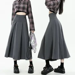 Lucyever College Style Women Pleated Skirt 2023 Spring Summer High Waist Long Skirts Woman Korean Style Gray A-Line Midi Skirt