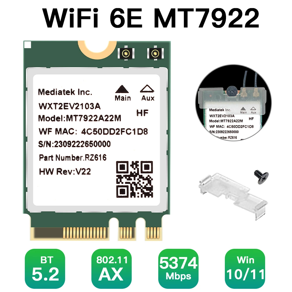 MT7922-Carte réseau WiFi 6E 5400Mbps, adaptateur sans fil M.2 NGFF, Bluetooth 5.2 Leicrer and 1/802, pour Windows 10 11