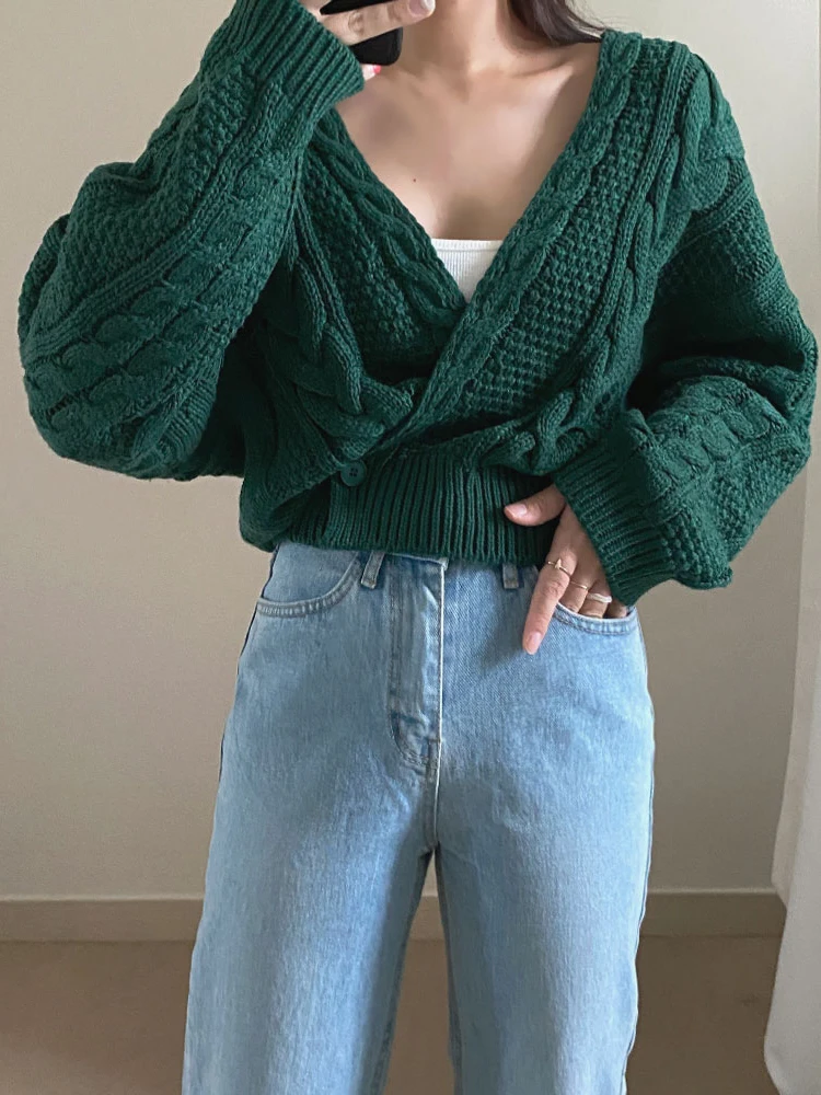 2024 Women V Neck Knitted Cardigan Sweater Female Vintage Knit Sweaters Long Sleeve Fashion Autumn Oversized Jumper Tops