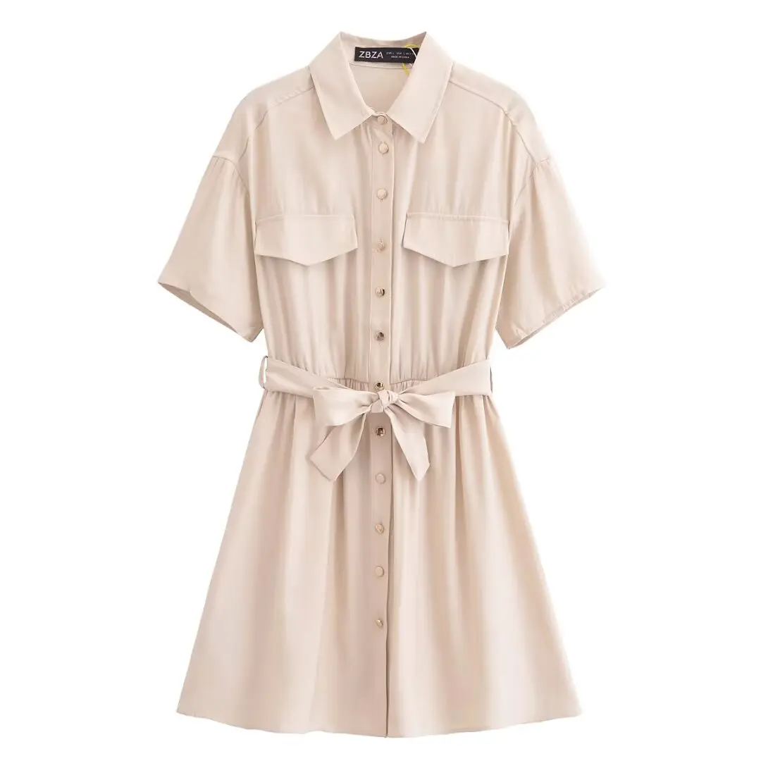 

TRAFZA Vintage Solid Sashes Mini Female Dress Casual Short Sleeve Woman Shirts Dress Fashion 2025 Summer Beige Mujer Vestidos