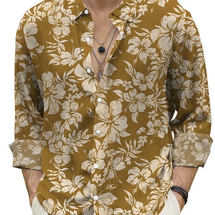Red Floral print Hawaii Mens Casual Shirt Trend Design Luxury Long Sleeve blouse Fashion Mens Long Sleeve Button Lapel Shirt
