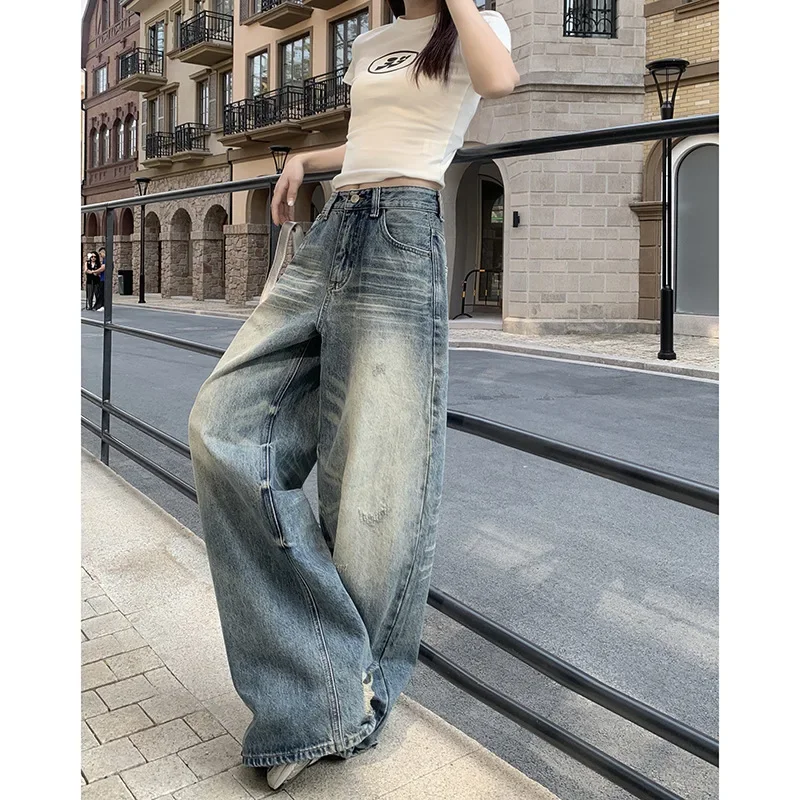 

American Retro High-waisted Wide-leg Jeans.Women's Four Seasons New Fashion Personality Comfortable Casual Floor-length Jeans