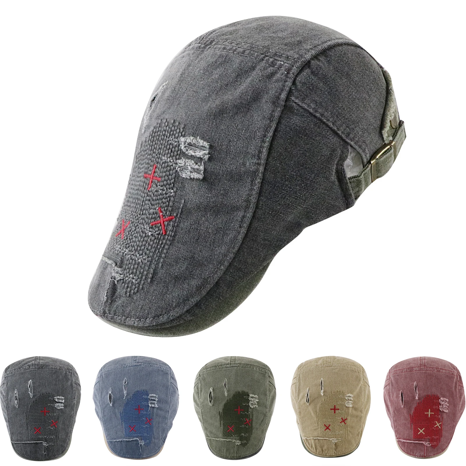 

Holed Newsboy Forward Hat Vintage Washed Cotton Duckbill Cap Distressed Patchwork Dad Hats Baker Boy Soft Ivy Caps for Men