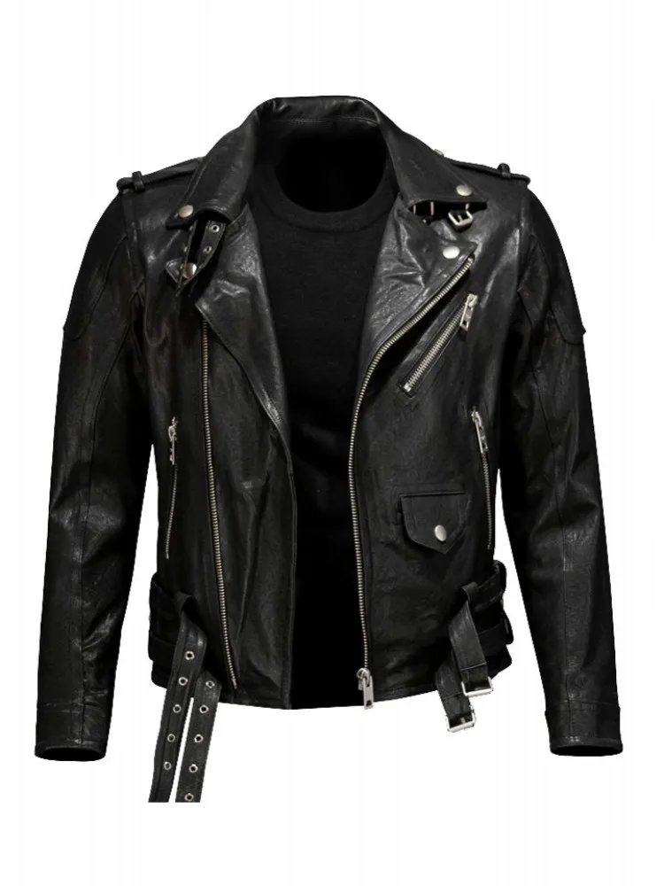 Street Punk Style Genuine Leather Jacket Men Turn-Down Collar Slim Black Short Coat Zipper Mens Sheepskin Motorcycle Jackets