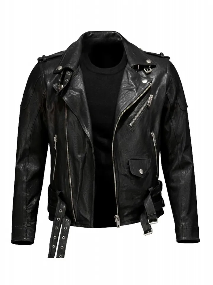 Street Punk Style Genuine Leather Jacket Men Turn-Down Collar Slim