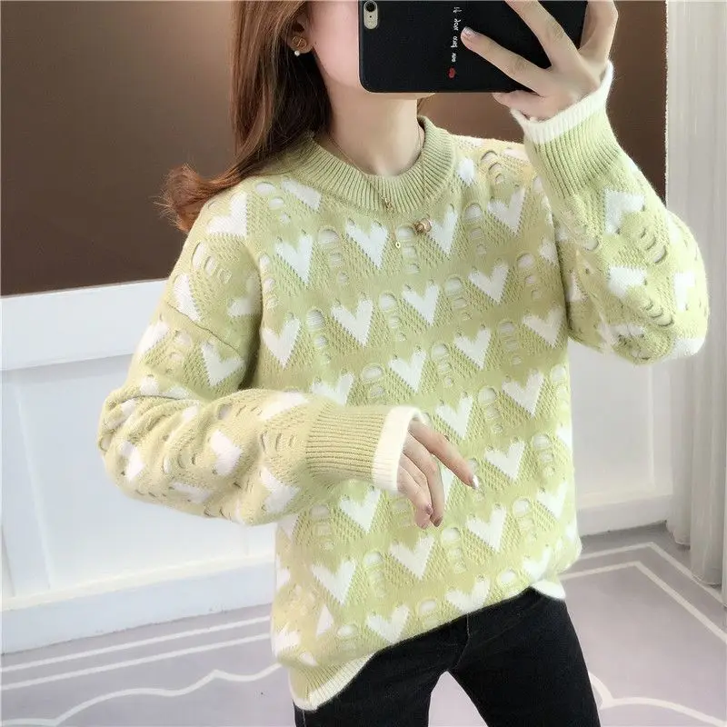 Autumn Winter Clothes New Crew Neck Fashion Trend Geometric Long Sleeve Pullovers Thickening/thin Loose Knitted Women\'s Sweaters