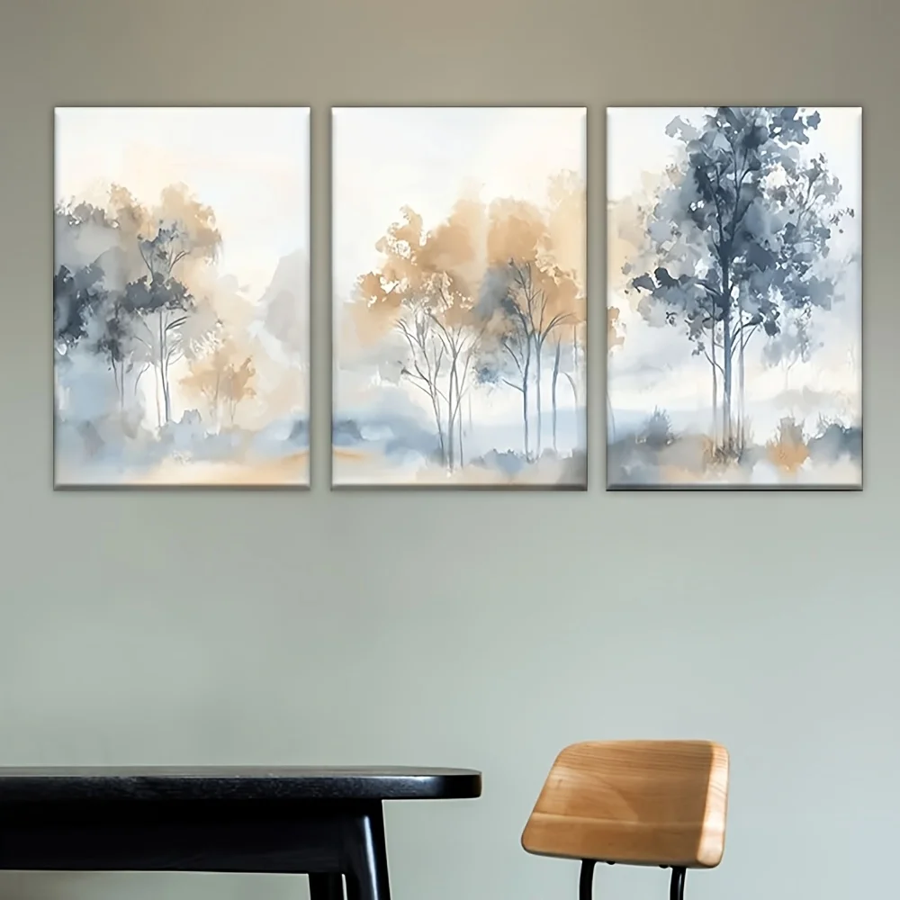 مجموعة 3 قطع، لوحات قماشية - غير مؤطرة، أشجار في الغابة، مجموعة رسم فنية، غرفة المعيشة، المكتب، المكتبة، البار، المقهى، مجردة
