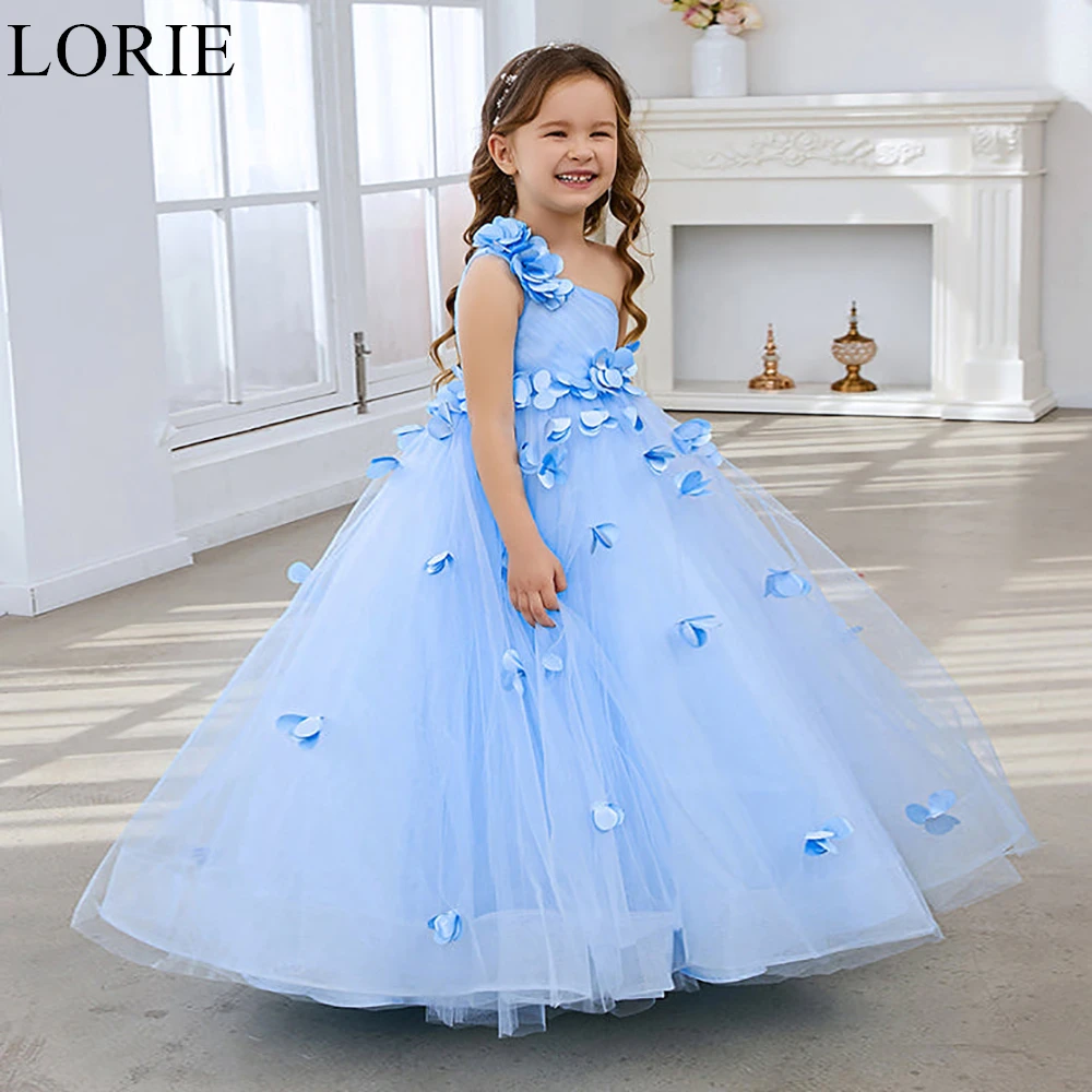 

LORIE Cute Light Blue Flower Girl Dresses A-Line One Shoulder Pleated Floral Appliques Party Dress 2025 Birthday Dress Customize