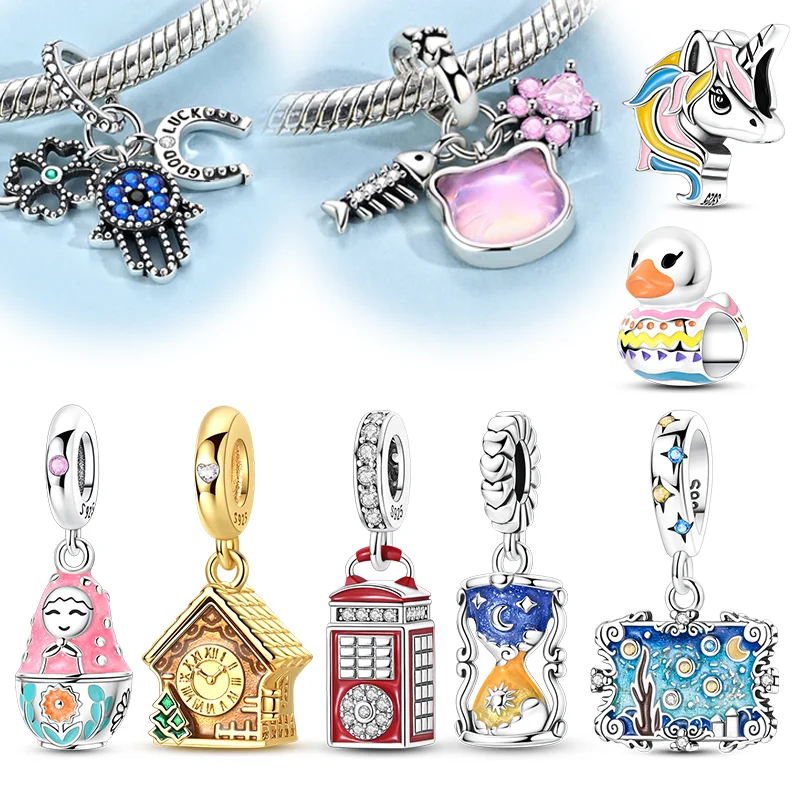 Original 925 Sterling Silver Charms Bead Duck Unicorn Cuckoo Clock Pendants Fit Women Girls Bracelet DIY Jewelry Gift