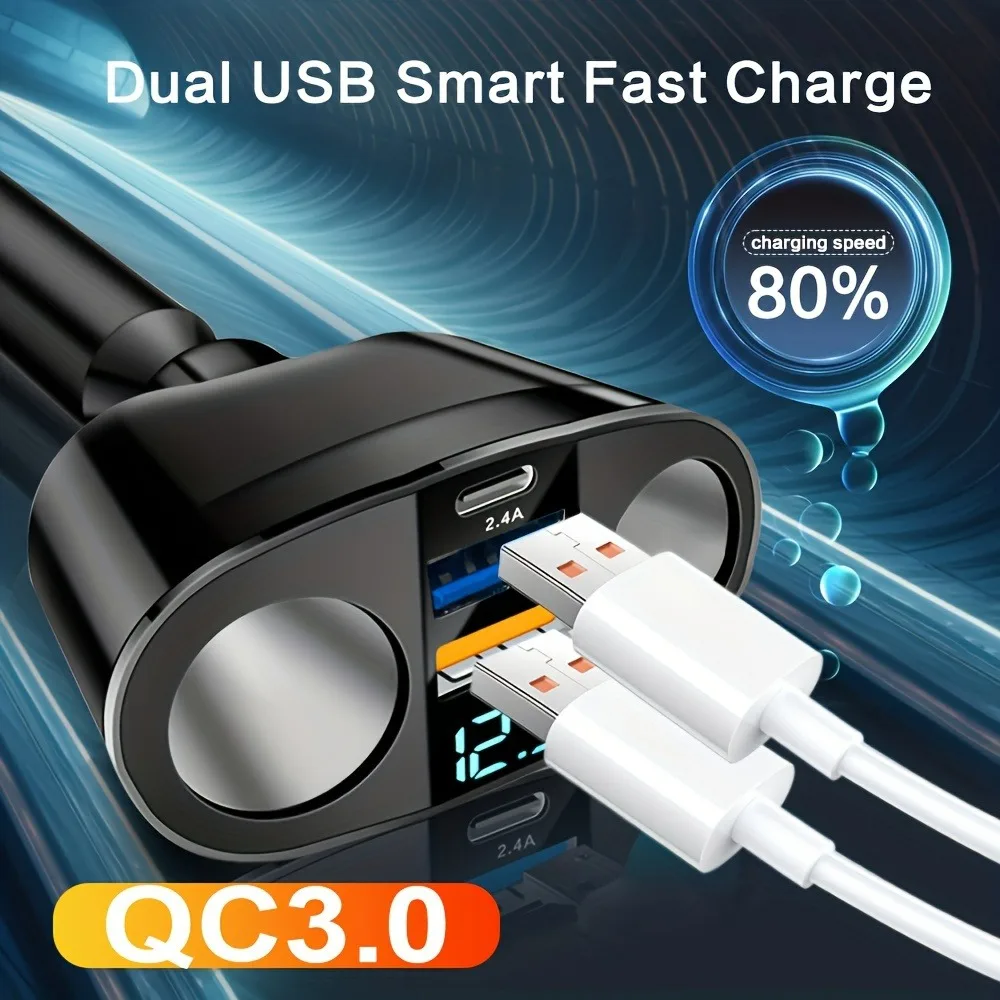 Dual USB Digital PD Car Charger QC3.0 USB C LED Voltage Vehicle Truck SUV 12V 24V Phone Universal Charger With Digital Display