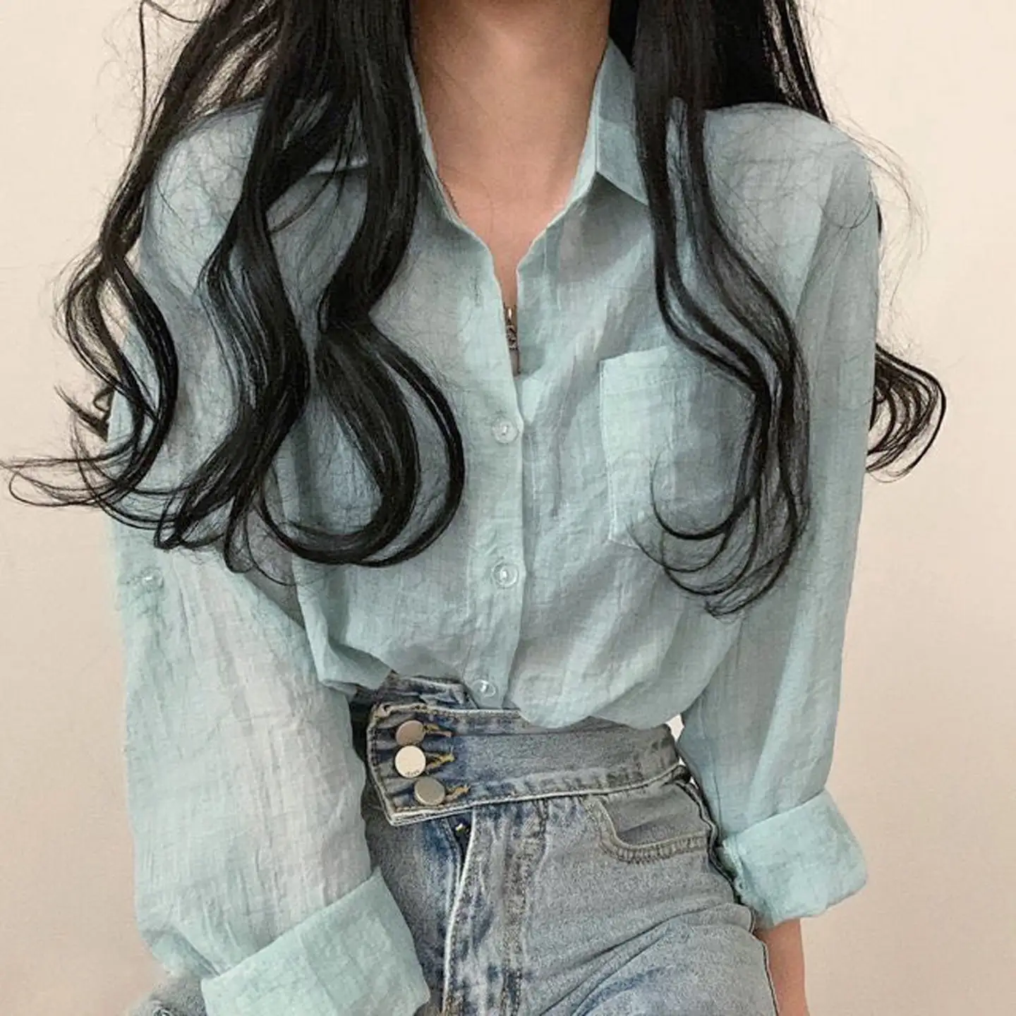 

Chic Summer Ice Cream Color Long Sleeve Women's Shirt Lightweight See-through Sun Protection Pure Color Simple Design Co...