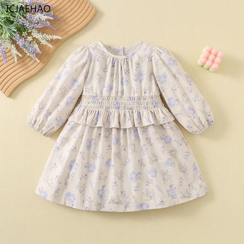 ICJAEHAO 2025 Girl Clothes Long-Sleeved Broken Floral Children Western Style Kid's Princess Dresses Printed Korean Spring Autumn