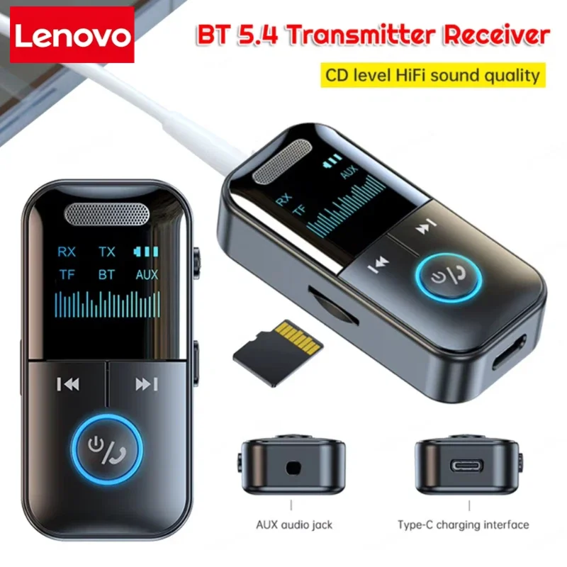 Adaptador Bluetooth 5.4 Aux de Lenovo, Receptor y Transmisor de Audio de 3.5mm con Pantalla LED para Auto/Hogar/Auriculares con Cable/Altavoz/TV