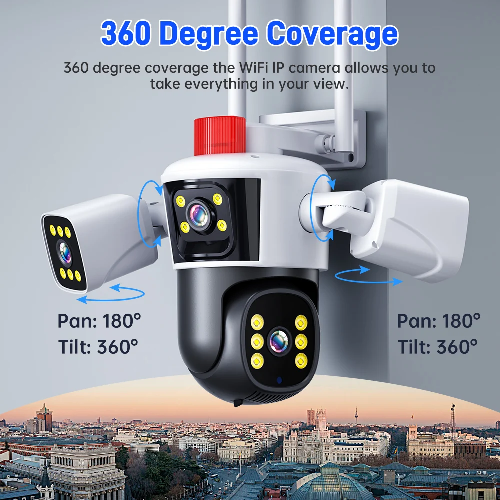 DIFANG WiFi Security Camera Outdoor, 3 Lens Rotatable,Two Way Talk,Motion Detection, night vision, 360° wireless CCTV Camera