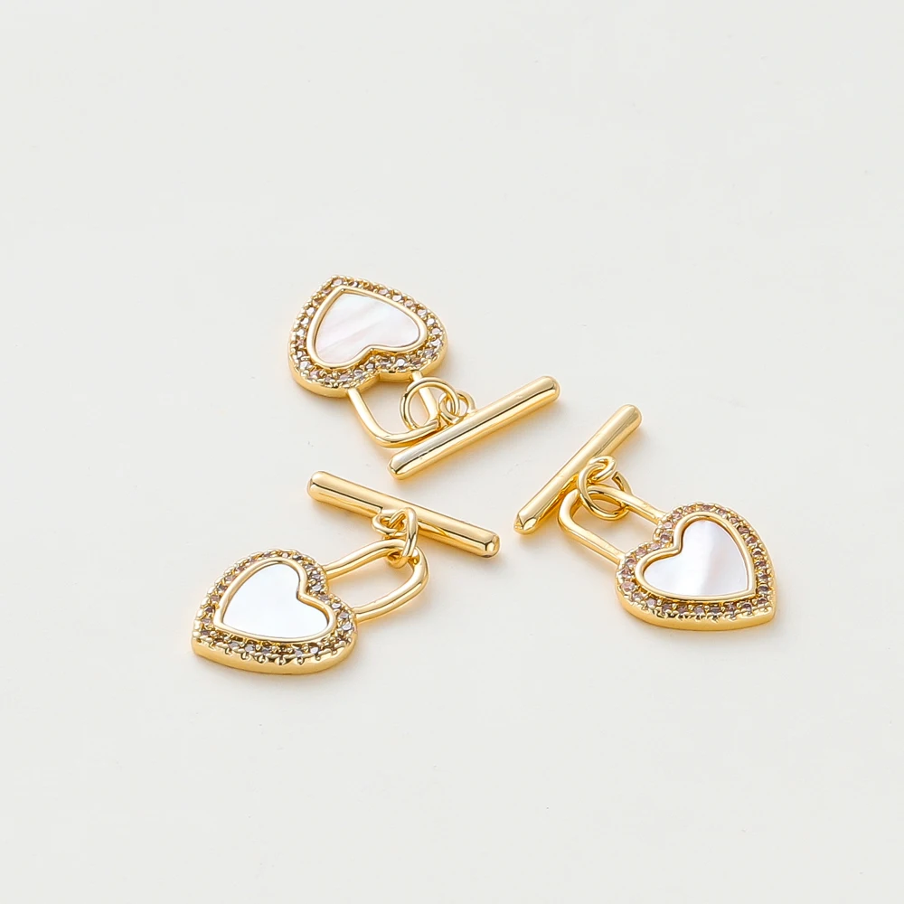 2Sets Heart O Toggle Clasps 18K Gold Color Plated Brass White Shell for DIY Bracelet Necklace Jewelry Sweet Making Accessories