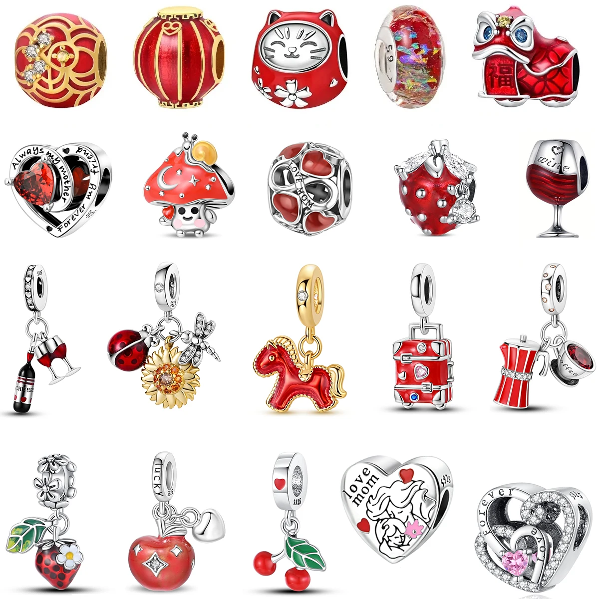New Year's Series Chinese Elements 925 Sterling Silver Red Lantern Lucky Cat Lion Charms Beads Fit Bracelet Necklace DIY Jewelry