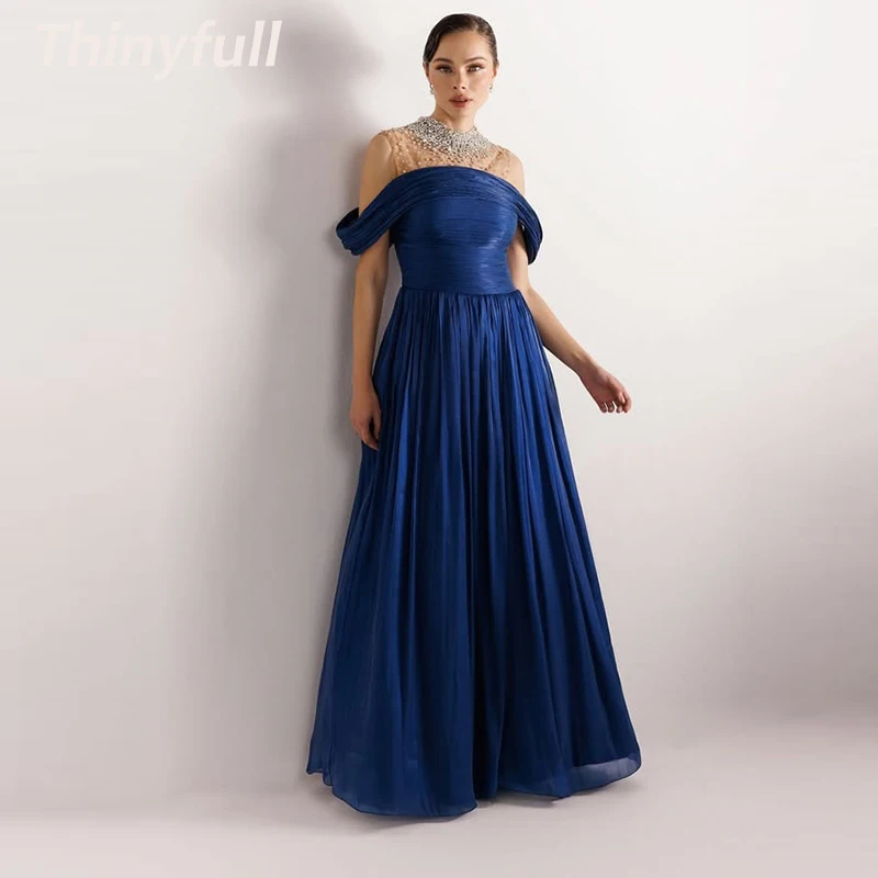 

Thinyfull A-line Off Shoulder Prom Dresses O-neck Crystal Shiny Satin Evening Dress Long Formal Gown Robe De Soirée Customized