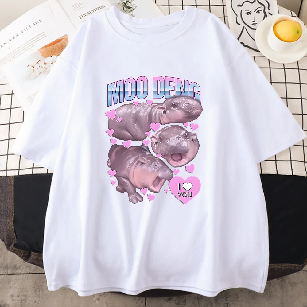 Moo Deng Hippo T-shirt Bawełniane letnie koszulki damskie z krótkim rękawem Ropa De Mujer Casual Cartoon Graphic Printing Tee-shirt O-neck