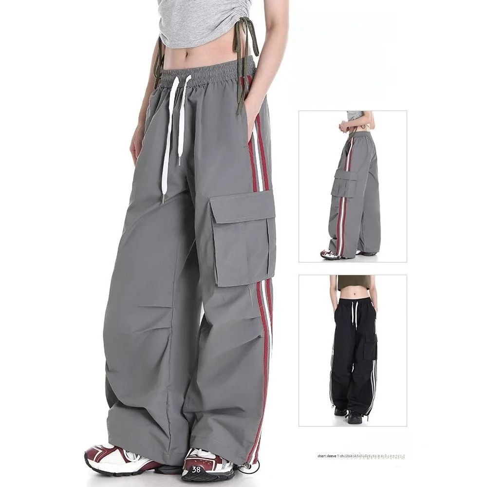 

Американские повседневные брюки-парашютчики унисекс, летние тонкие рабочие брюки прямого кроя из ледяного шелка, свободные длинные брюки