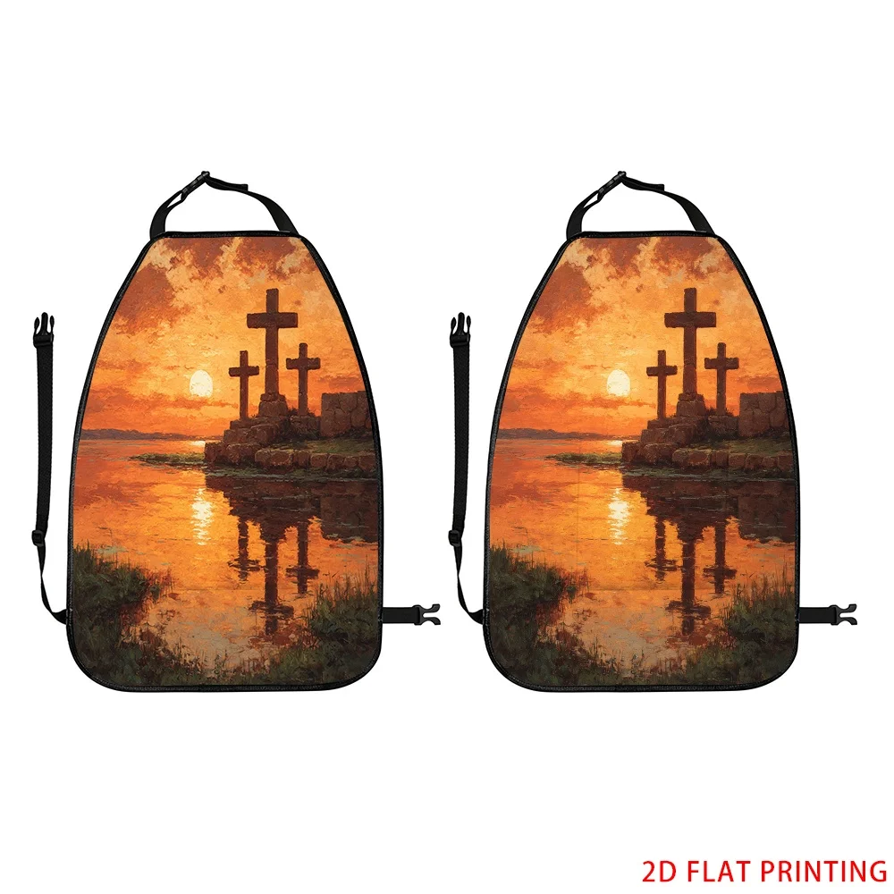 Set Of 2 Backseat Covers Featuring A Sunset Cross Silhouette Design For Added And Decoration