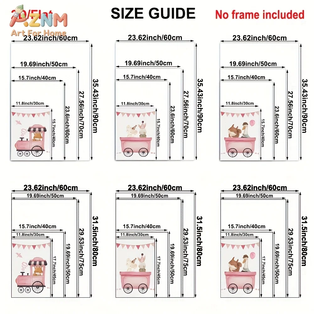 AZNM Watercolor Pink Circus Train Animal Canvas Wall Art, Cute Fox Squirrel Mouse Goose Cartoon Print Poster, Unframed Single Pi