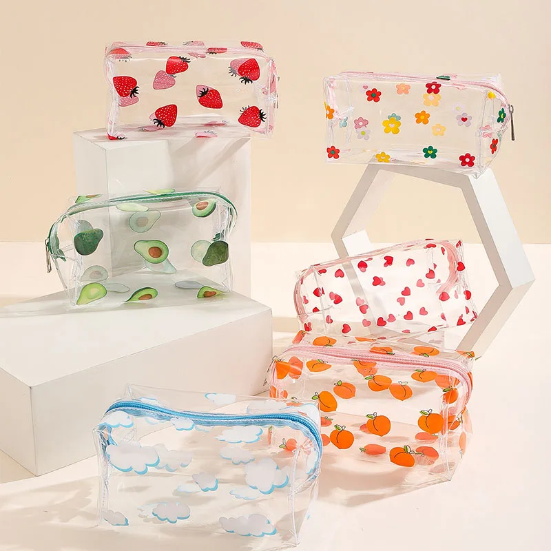 Women Zipper Cosmetic Bag Flower Print  Clear Makeup Bag Fashion Transparent Travel PVC Clear Mini Wash Storage Bags Strawberry