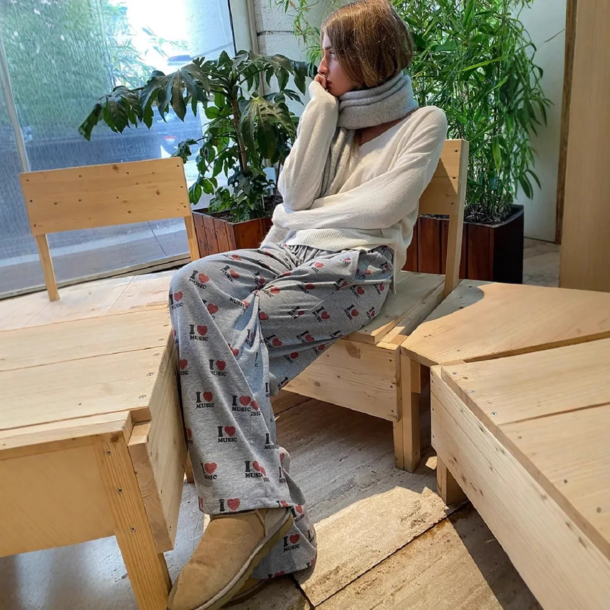 Hohe Taille, weites Bein, Hip-Hop-Sport-Hose, modisch, I Love Music Print, lässig, amerikanisches würziges Mädchen, Persönlichkeit, gerade Hose