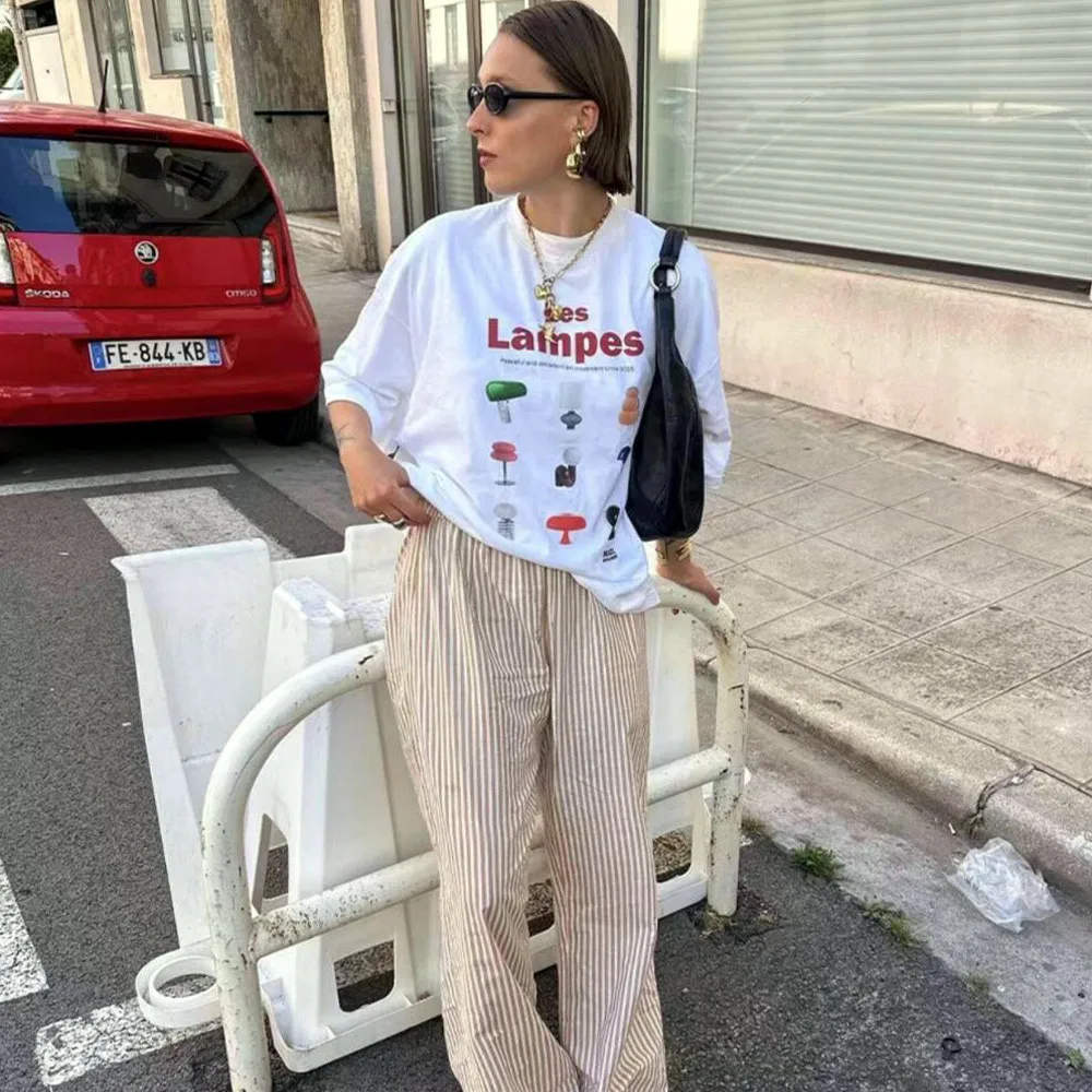 Mid Century Lampes Printing Vintage Style White Short Sleeve T Shirts 2025 Summer New Street Fashion Y2K Tops Loose Cotton Tees