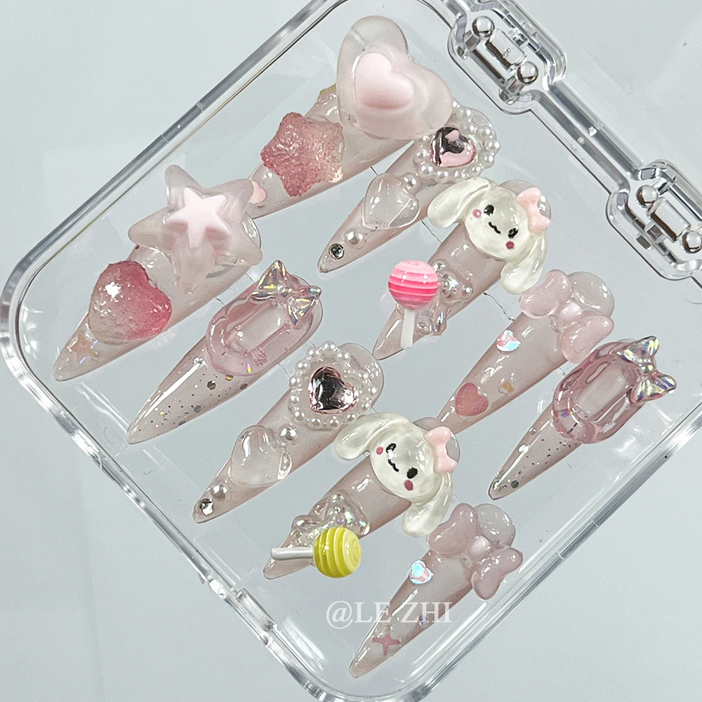 Kawaii Cartoon Pure Handmade Fake Nails 3D Hello Kitty Cinnamoroll Mymelody Kuromi Detachable Reusable Artifical Full Cover Nail