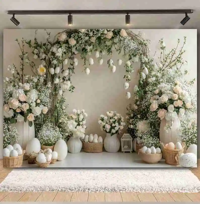 Happy Spring Easter Photography Backdrop Colorful Eggs Arch Door Flowers Garden Rabbit Child Birthday Party Background Decor