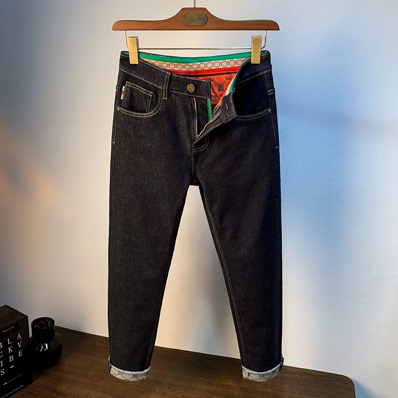 High-End Betaalbare Luxe Heren Jeans Herfst Nieuwe Lichte Luxe Print Casual Stretch Slanke Primaire Kleur Denim Broek