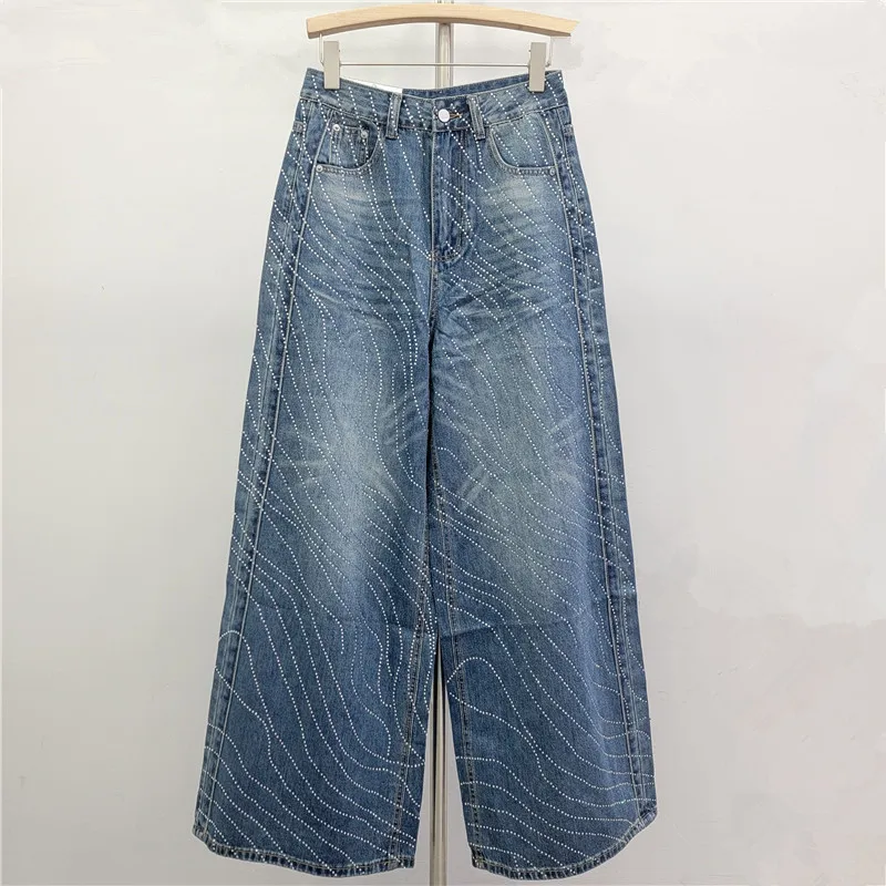 Women Fashion Rhinestone Jeans American High Street Washed Sequin Denim Pants Spring New Shiny Appliques Straight Leg Trousers